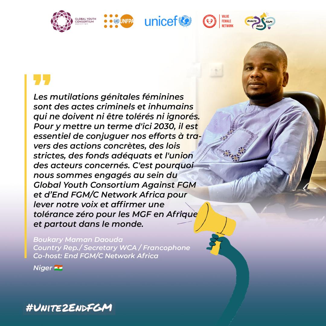 Aux côtés du Global Youth Consortium Against FGM et d’End FGM/C Network Africa, je m’engage pour une tolérance zéro : actions concrètes, lois strictes, fonds dédiés et mobilisation collective. L’union fait notre force !   
 
#EndFGM #ToléranceZéro    <a href="/fgm_global/">GlobalFGM</a> 
Niger 🇳🇪
