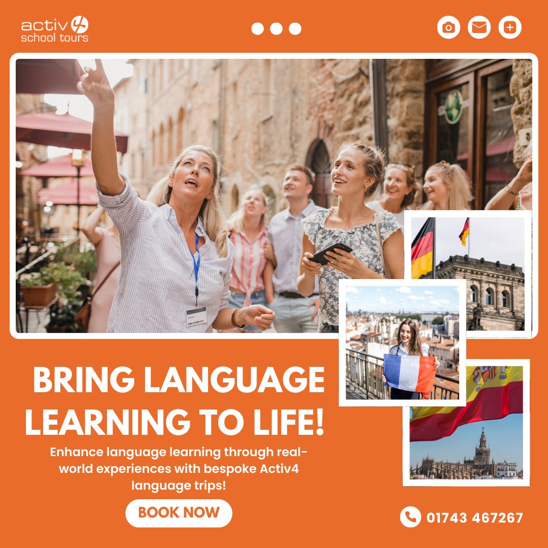 activ4's tweet photo. Enhance your students' language skills with real-world experiences! Activ4 offers bespoke trips to France, Spain &amp; Germany, tailored to GCSE, A-Level &amp; IB. Structured lessons, cultural immersion &amp; interactive activities await! 

📢 Plan your trip today! #LanguageLearning #Activ4 https://t.co/sjPb2uOkBR