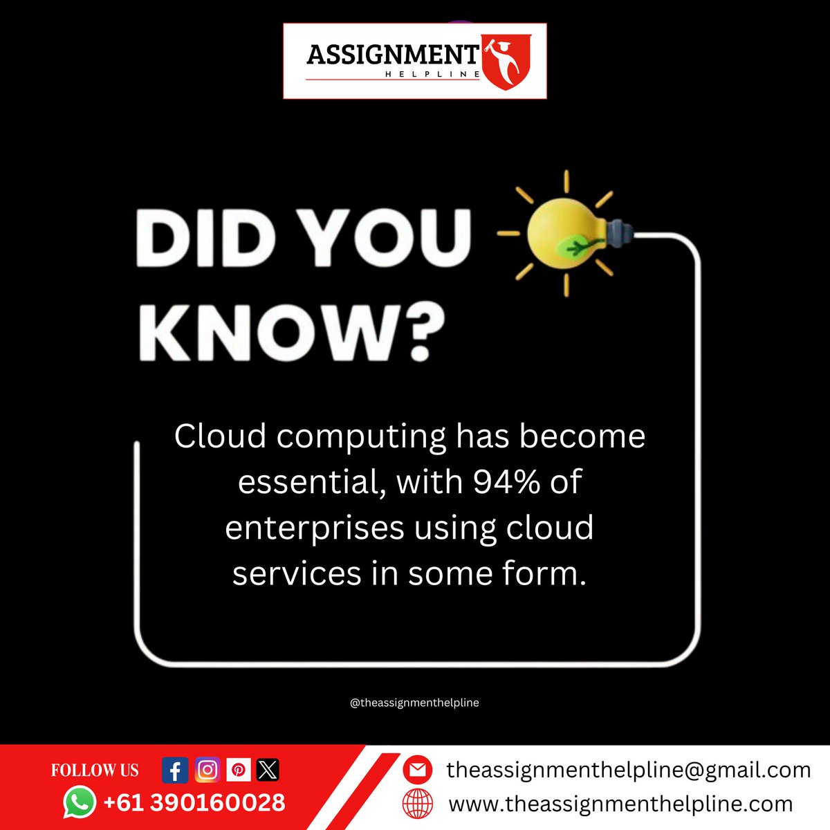 _the_assignment's tweet image. Cloud computing is no longer a luxury—it&apos;s a necessity! 💡 With 94% of enterprises leveraging cloud services, the future is in the cloud. ☁️✨
📚 Need help with cloud computing assignments? We&apos;ve got you covered! ✅
#theassignmenthelpline #CloudComputing #TechTrends  #Cloud
