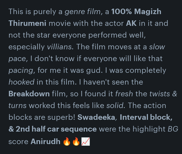 Abbas_Anwar_'s tweet image. Overall: A Decent one. I loved It definitely Watchable at least once If you go without much expectation of mass, commercial film, you may end up liking it ❤️🔥 But I can never say that it is #MagizhThirumeni best work, still #Thadam 🤌📈

#VidaaMuyarchiReview #Ajithkumar𓃵