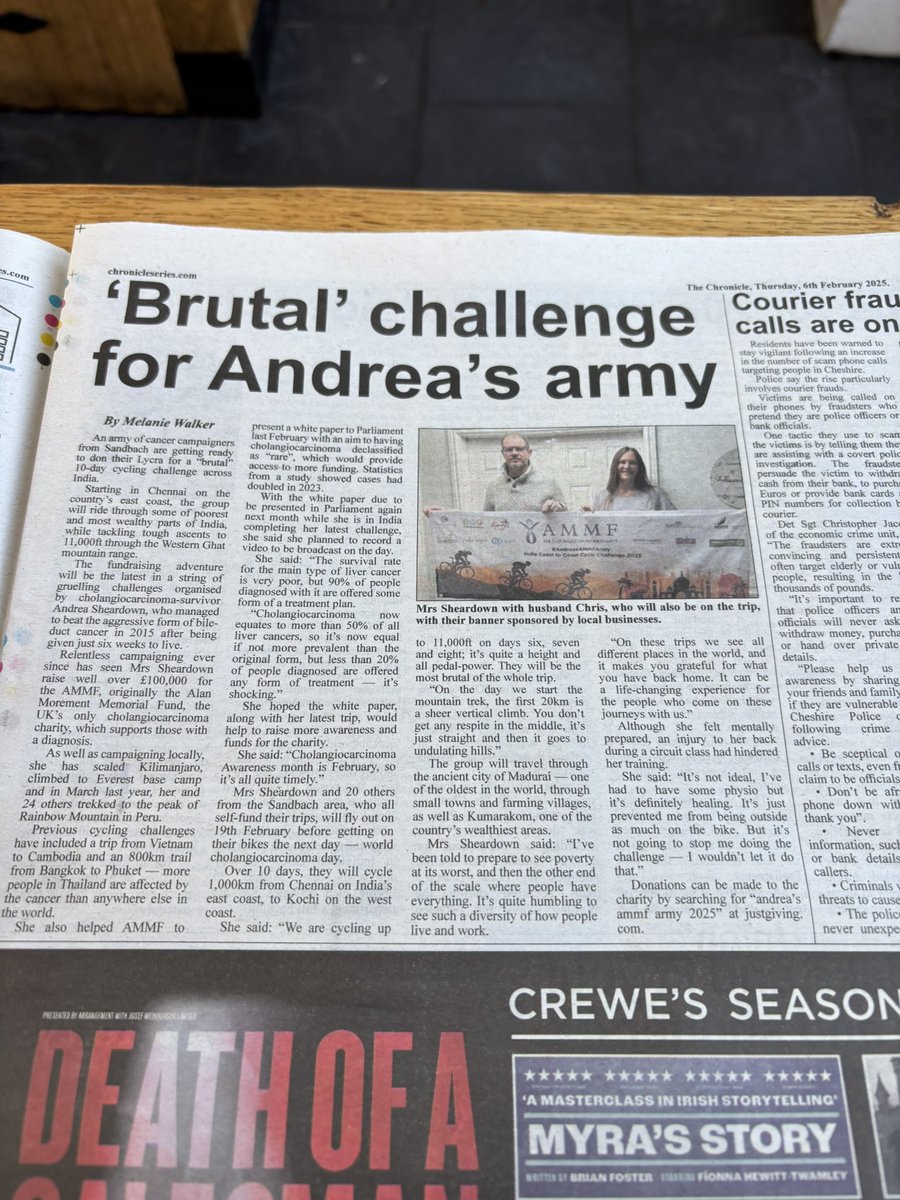 AndreaSheardown's tweet image. Thanks to #ChronicleSeries for their lovely write up on page 11 of this weeks #Sandbach Chronicle, about our forthcoming Indian Cycle challenge in aid of the @CharityAMMF

justgiving.com/page/AndreaAMM…

#RethinkLiverCancer #CCAAwarenessMonth #FacesofCholangiocarcinoma #FairerDealFaster