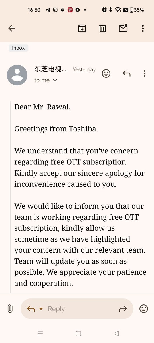 sunilrawal007's tweet photo. @ToshibaTV_India @Singhtotheiron @ToshibaTVGlobal @jagograhakjago No positive response from toshiba. After 38 days https://t.co/33iy0l5u8Y
