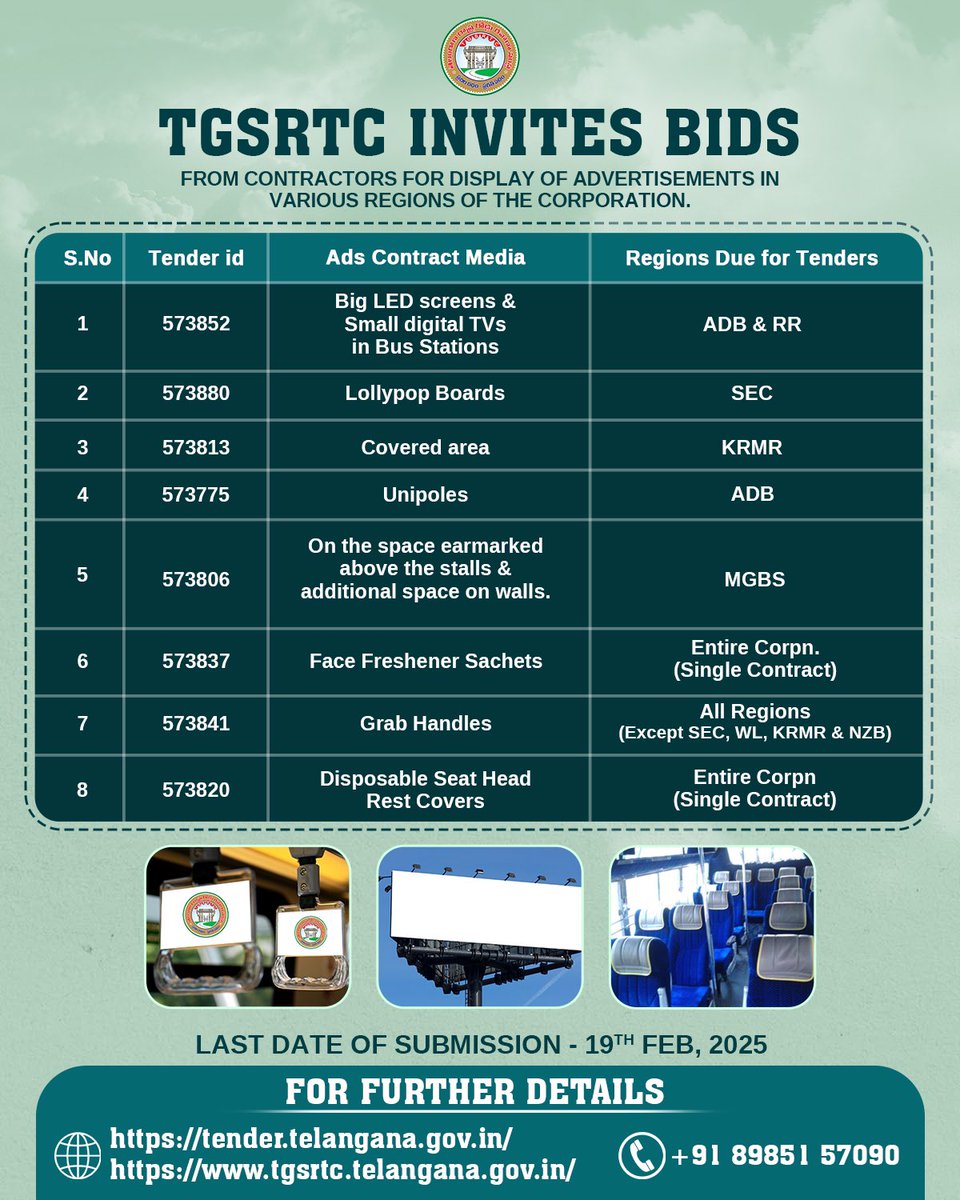 TGSRTCHQ's tweet photo. TGSRTC invites bids from advertisement contractors to display ads across various regions of the corporation.
Join us and showcase your brand.

#TGSRTC #Telangana #Hyderabad #TakingTelanganaForward #Advertising https://t.co/DAJlsIu5Q1