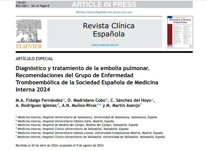 📢📃No te pierdas esta publicación del <a href="/GT_Trombo/">GT_EnfermedadTromboembolica #17ETVSEMI</a> de <a href="/Sociedad_SEMI/">Sociedad Española de Medicina Interna</a> en <a href="/RCE_SEMI/">Revista Clínica Española (RCE)</a>: "Diagnóstico y tratamiento de la embolia pulmonar. Recomendaciones del Grupo de Enfermedad Tromboembólica de la Sociedad Española de Medicina Interna 2024".
🔗doi.org/10.1016/j.rce.…
#SEMITuit