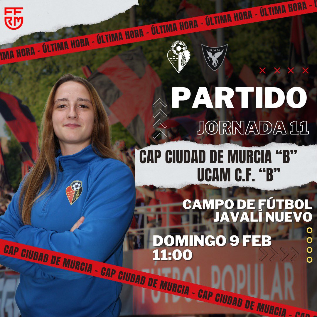 ⚽ 𝗝𝗢𝗥𝗡𝗔𝗗𝗔 1️⃣1️⃣  
🆚 #CAP - #UCAM
🏆 1ª Autonómica Fem.
🗓 domingo 9 febrero
🕑 11:00 
🏟Campo de fútbol Javalí Nuevo  
#RojinegroEsUnSentimiento #Ciudad2425📷 ♥️🖤