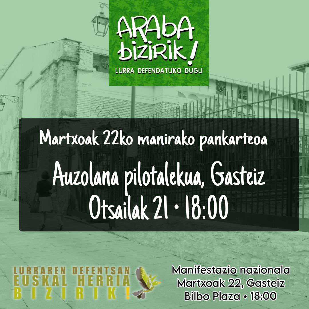 ArabaBizirik's tweet image. 🚨Martxoak 22ko manifestazioari begira pankarteo bat antolatu dugu Araba Biziriketik. Animatu zaitez laguntzera!🚨
📍 Auzolana pilotalekua, Gasteiz
🕕 Otsailak 21, 18:00