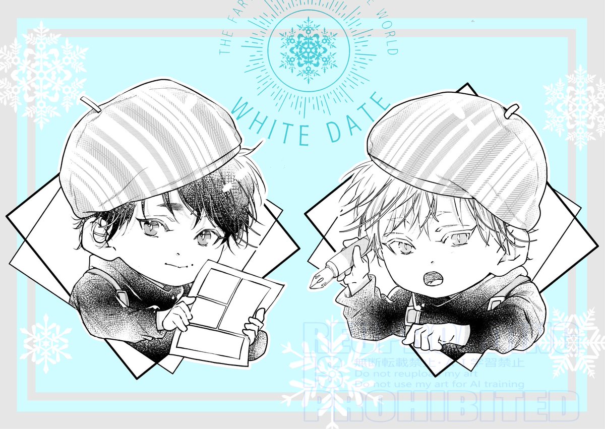 ◤#いち恋ポプショ◢
*┈┈┈┈┈┈ * 
展示原画へのコメントにそえた漫画家とうすずです✑𓈒𓂂𓏸

コメント手書きで書きたかったのですが諸事情で叶わず「せめて!」とミニキャラ描かせていただきました🤍🩵

ポプショもあと3日ˎˊ˗
この子達見つけたらよろしくお願いします❄ 