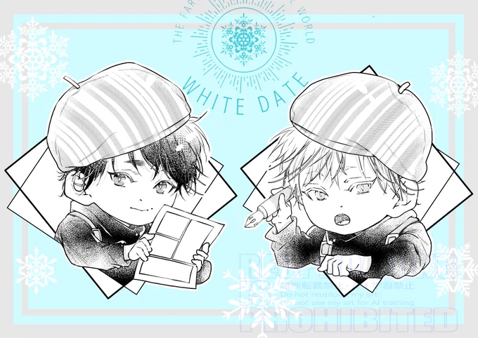 ◤#いち恋ポプショ◢
*┈┈┈┈┈┈ * 
展示原画へのコメントにそえた漫画家とうすずです✑𓈒𓂂𓏸

コメント手書きで書きたかったのですが諸事情で叶わず「せめて!」とミニキャラ描かせていただきました🤍🩵

ポプショもあと3日ˎˊ˗
この子達見つけたらよろしくお願いします❄ 