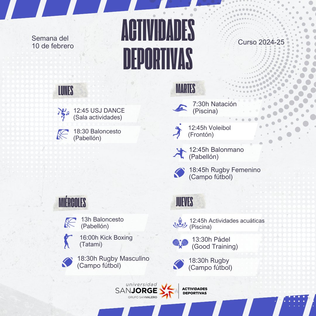 ¡Hola deportista!
La próxima semana la tenemos muy cargada de actividades, recuperamos la sesión de USJ Dance de los lunes además de las secciones de los deportes de equipo y otras como natación, pádel, etc.

Reserva tu plaza a través de Trainingym.

#deporteessalud