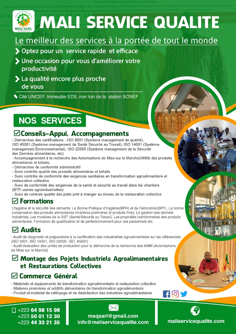 MSQ_Sarl's tweet photo. Pour tout vos projets dans les industries agroalimentaires et la restauration collective.
#AMM #FORMATION #Audit #CONTROLEQUALITE
MSQ SARL PROCHE DE VOUS! https://t.co/rBhC8NcbP7