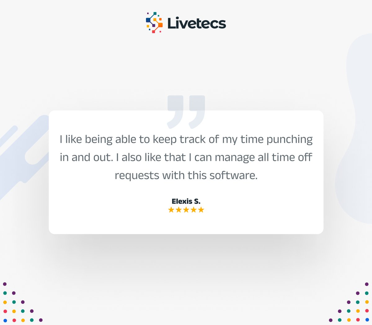 livetecs's tweet image. 🌟 &quot;I like being able to keep track of my time punching in and out. I also like that I can manage all time off requests with this software.&quot; – Elexis S. ⭐⭐⭐⭐⭐

Join thousands of satisfied users and streamline your workflow today! 💼💡

#Livetecs #TimeTracking #Productivity