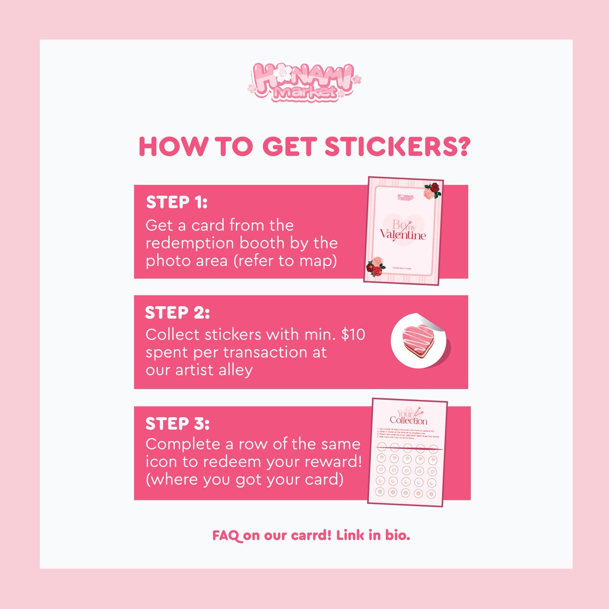 HanamiMkt's tweet image. The #hanamimkt stamp rally is back again this year~ Collect a row of stickers to redeem a photocard featuring our standee illustrations, and collect 2 rows to redeem acrylic photocard holders! You can get a sticker with minimum $10 spend at each booth.

See you this Sunday!