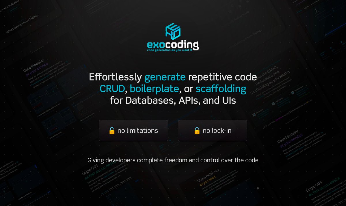 ExoCoding's tweet image. Still handcrafting CRUD? What is this, 1999? 🤯

Let the boring stuff write itself, so you can focus on the real magic.

No limits, no lock-in—just code your way. 🚀

Get started for free: exocoding.com