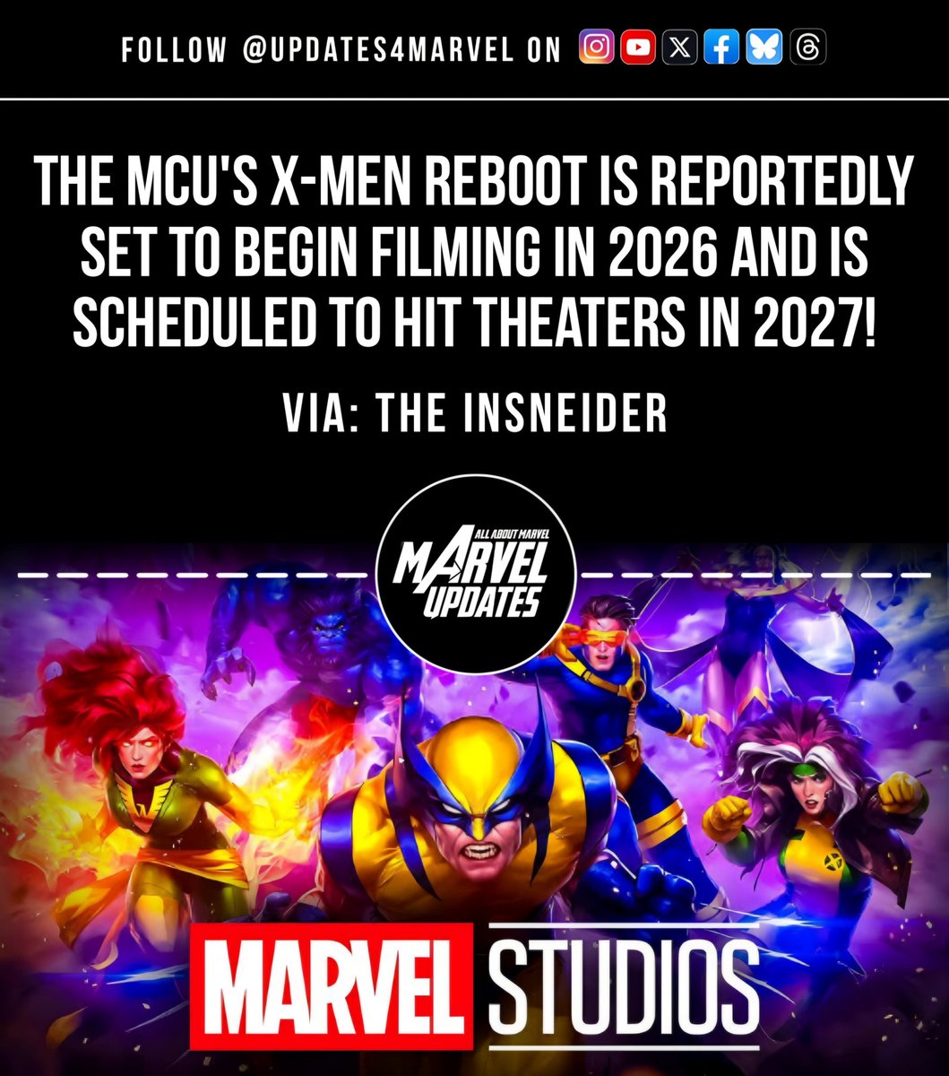 Updates4Marvel's tweet photo. The MCU's X-Men reboot is reportedly set to begin filming in 2026 and is scheduled to hit theaters in 2027!

(via The InSneider)

#XMen #MarvelStudios #MCU https://t.co/eF4XrT4q7R