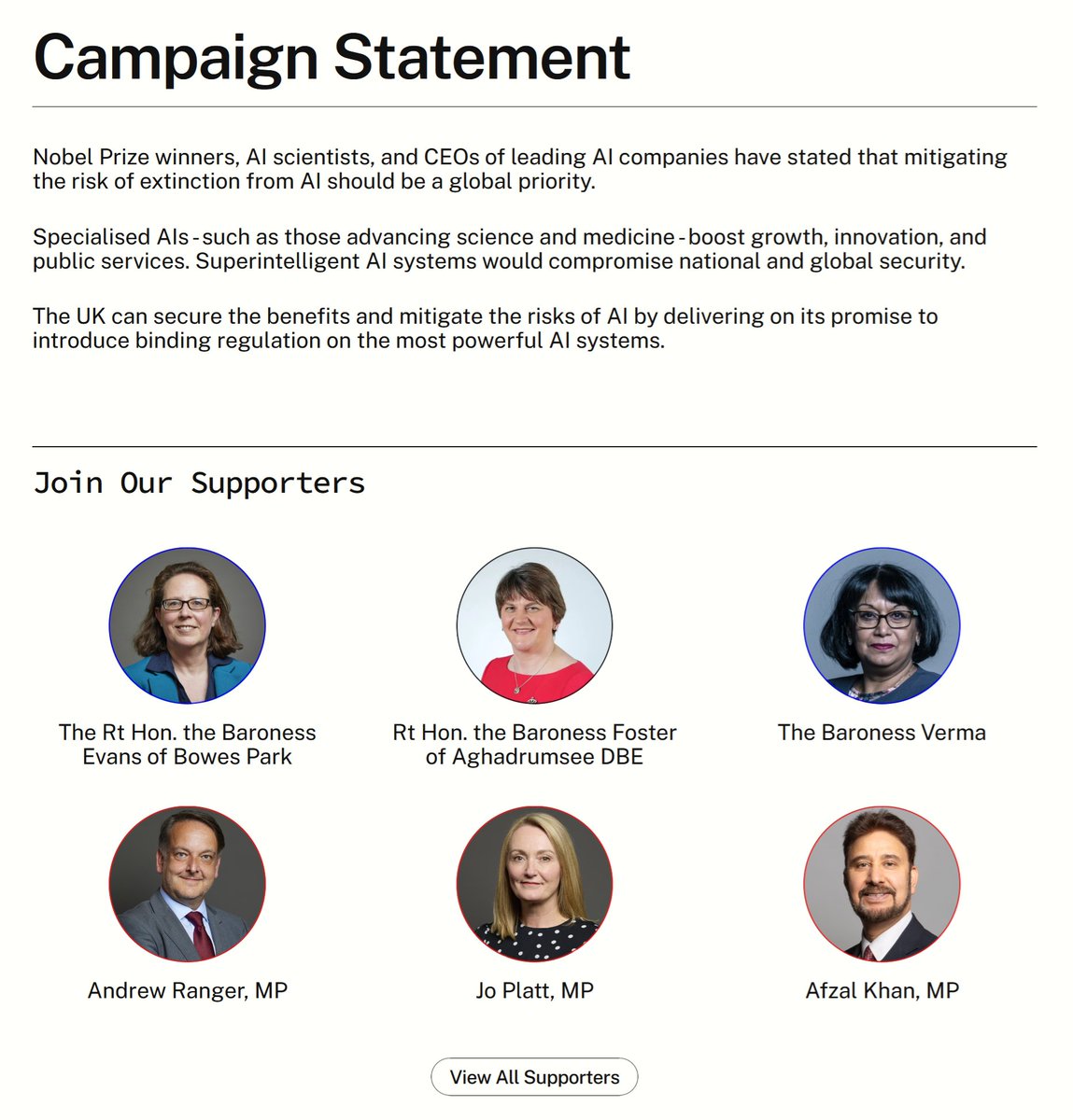 UK POLITICIANS DEMAND REGULATION OF POWERFUL AI

TODAY: Politicians across the UK political spectrum back our campaign for binding rules on dangerous AI development.

This is the first time a coalition of parliamentarians have acknowledged the extinction threat posed by AI.

The