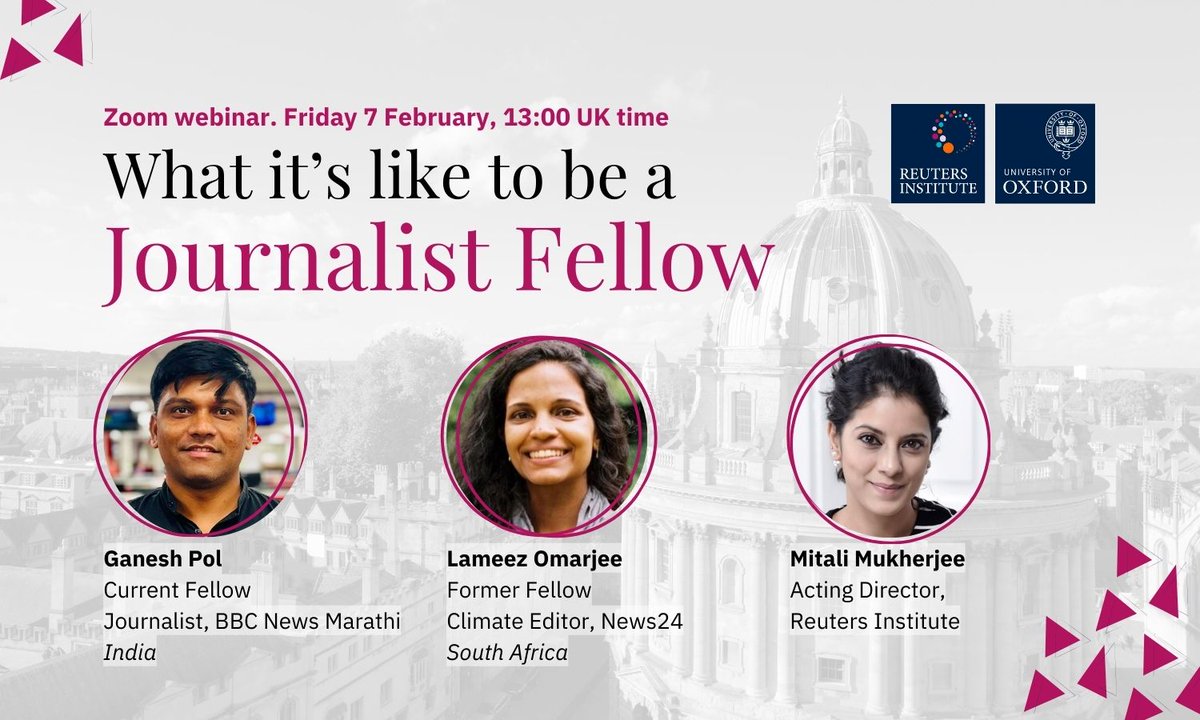 🤔 Are you thinking about becoming a Journalist Fellow at the Reuters Institute?

Join our 30-minute webinar tomorrow to hear the experiences of fellows <a href="/ganeshapol/">Ganesh Pol</a> and <a href="/LameezOmarjee/">Lameez Omarjee</a> 

🗓️ Friday 7 Feb, 13:00 (UK time)

Register here:
reutersinstitute.politics.ox.ac.uk/calendar/what-…