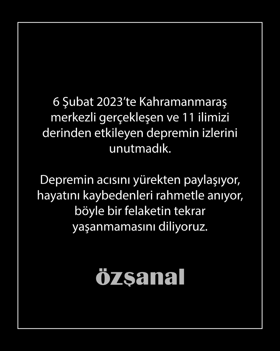 ozsanaltr's tweet photo. 6 Şubat 2023’te yaşadığımız depremde kaybettiğimiz canları derin bir üzüntüyle anıyor, yakınlarına tekrar sabır diliyoruz🙏🏻 #6subat2023 https://t.co/OWVbXv96Yr