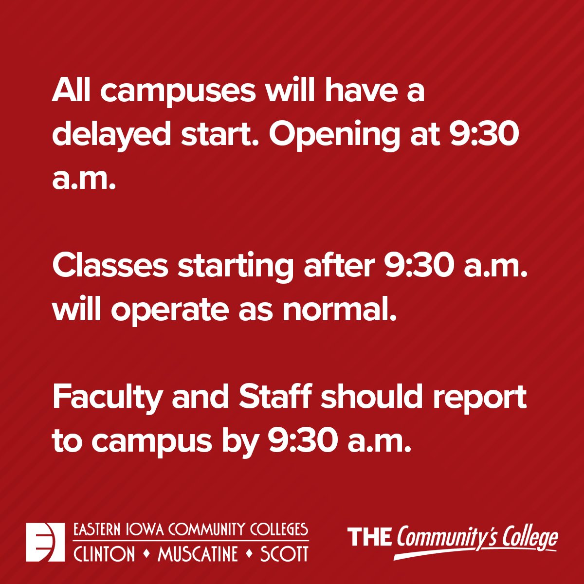 tweet_ccc's tweet photo. All campuses will have a delayed start. Opening at 9:30 a.m. Classes starting after 9:30 a.m. will operate as normal. Faculty and Staff should report to campus by 9:30 a.m. https://t.co/WHUPoRKbSl