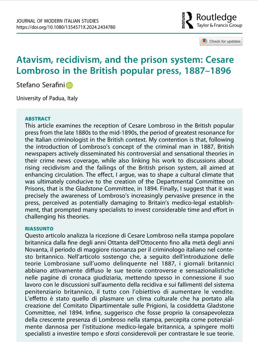 My article on the reception of Cesare Lombroso in the British popular press between 1887 and 1896 has just been published in the Journal of Modern Italian Studies: tandfonline.com/doi/full/10.10…