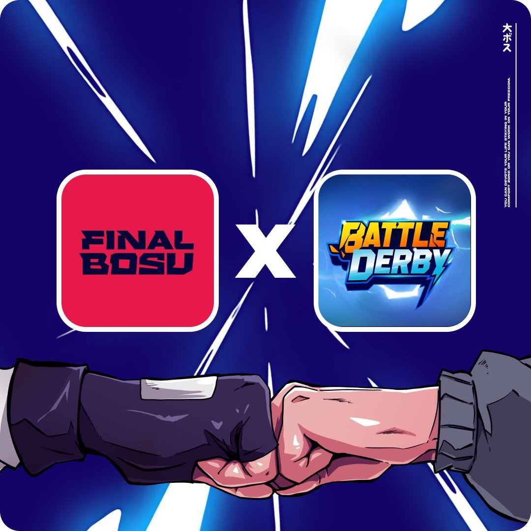 BattleDerbyGame's tweet photo. Battle Derby x Final Bosu 🤝

We're teaming up with @finalbosuX for a special cross-community activation, exclusively for Battle Derby Pass holders.

If you have one, get ready. If not, now’s the time to get yours.

Join our server for all the details 👇 https://t.co/A5E8EdLYUo