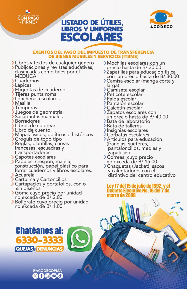 Les recuerdo cuáles son los útiles escolares exentos del ITBMS o el 7%