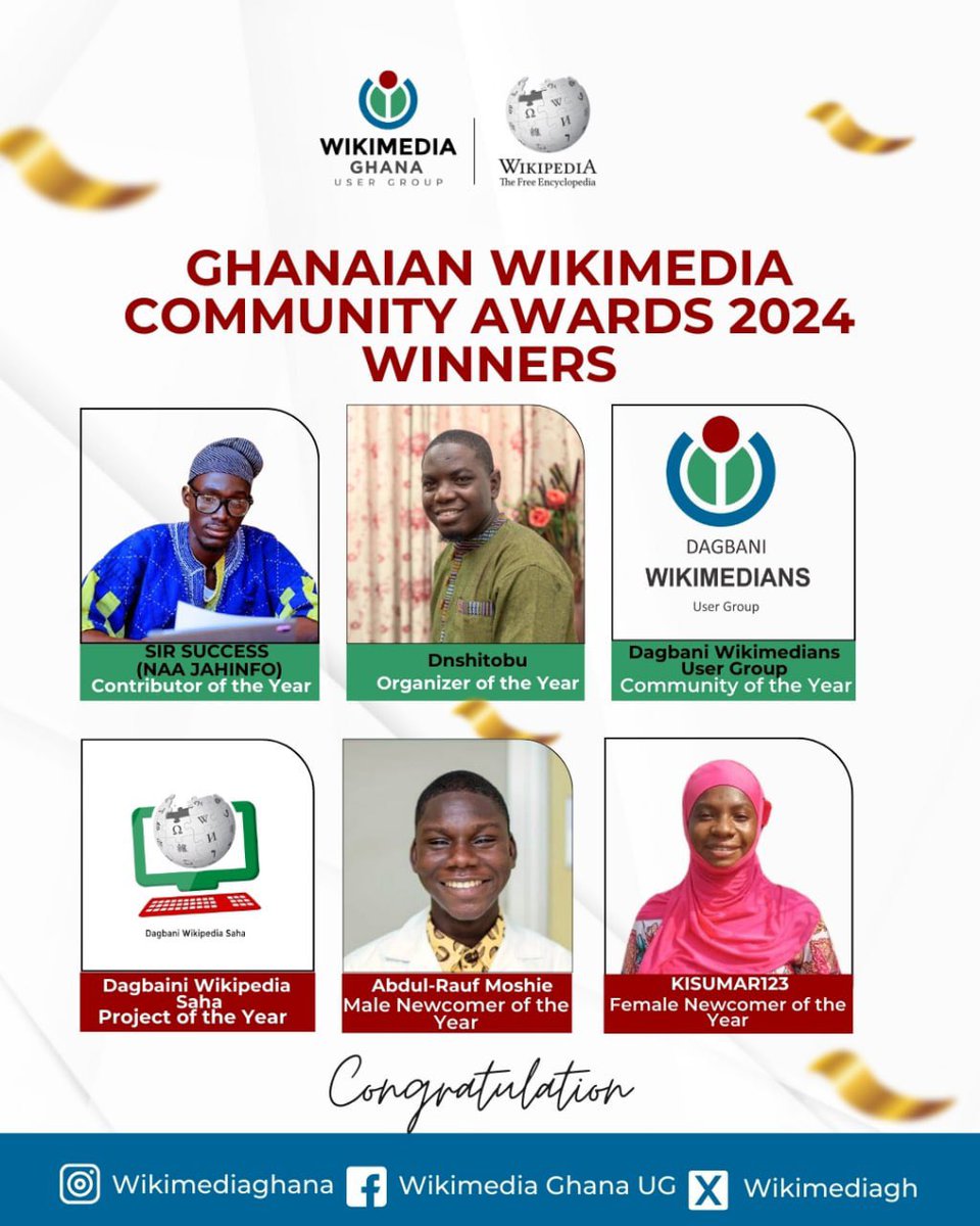 WikimediaGH's tweet image. We're beyond excited to announce the winners of this year's Wikimedia Community Awards! 🏆 

These incredible individuals have dedicated their time and passion to sharing knowledge with the world. 

#GhanaianWikimediaCommunityAwards24 #KnowledgeForAll #FreeKnowledge #Wikipedia