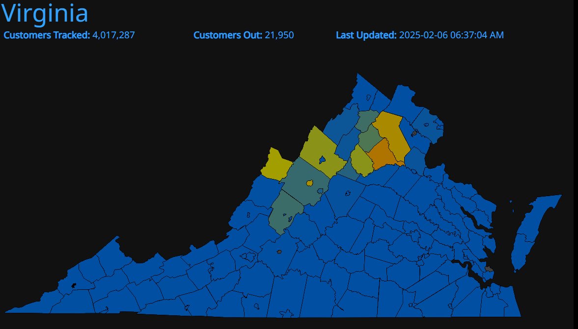 There are some power outages this AM b/c of the weight of ice accumulation on trees/utility lines, mainly west of the Beltway. Over 2K out in Fairfax County and 9K in Fauquier and Culpeper counties.

More info at cwg.live