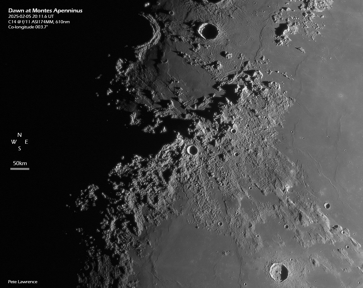 Lunar dawn arrives at the Apennine mountains (Montes Apenninus), 5 Feb 2025. Fortunately I caught the autocorrect which suggested they were the Pennines! 😂