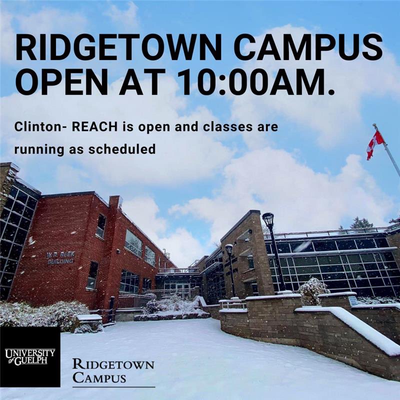 Ridgetown campus and classes will open today at 10:00am. 
Clinton- REACH campus and classes are running as usual. 
Please use caution and travel safely to campus.