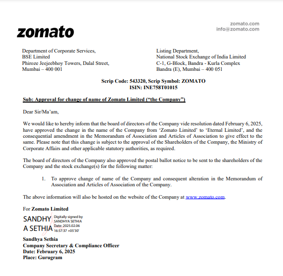 dkalra81's tweet photo. Zomato: Board approves change of name of co from Zomato to Eternal Ltd
#zomato
#Eternal #Blinkit #District #Hyperpure #StockMarket https://t.co/7zWi0ME49a