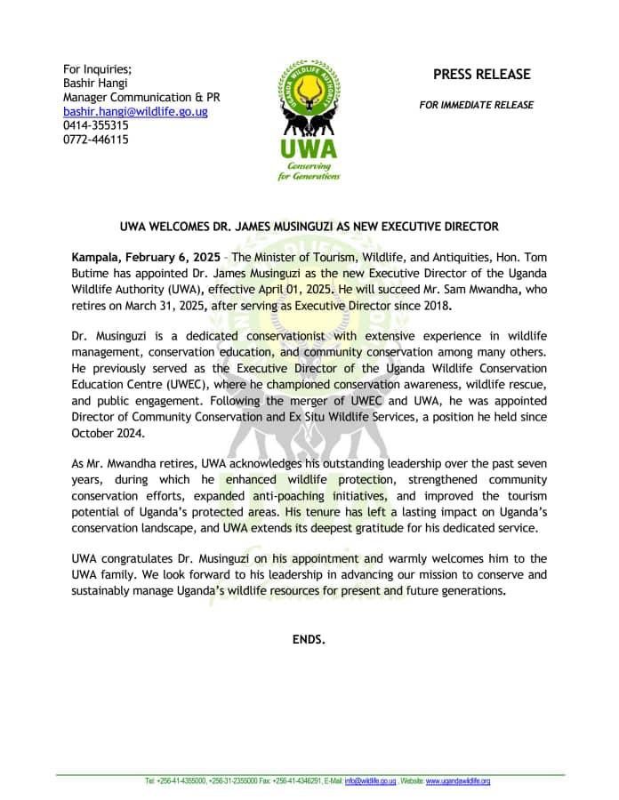 ugwildlife's tweet photo. We congratulate Dr. James Musinguzi, upon his appointment as UWA Executive Director, and look forward to receiving him come April 1, 2025. https://t.co/xIPTXM6vc1