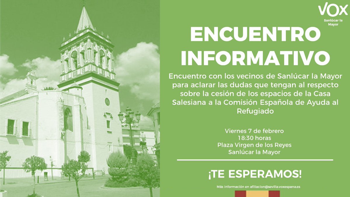 VOXSevilla_'s tweet photo. ✅SANLÚCAR LA MAYOR.

 📅 Nos vemos mañana en la Plaza Virgen de los Reyes.

Frente a la inmigración ilegal y descontrolada que sólo beneficia a los traficantes de personas, en VOX defendemos que tu seguridad es nuestra prioridad. https://t.co/YgdBvLSeSB
