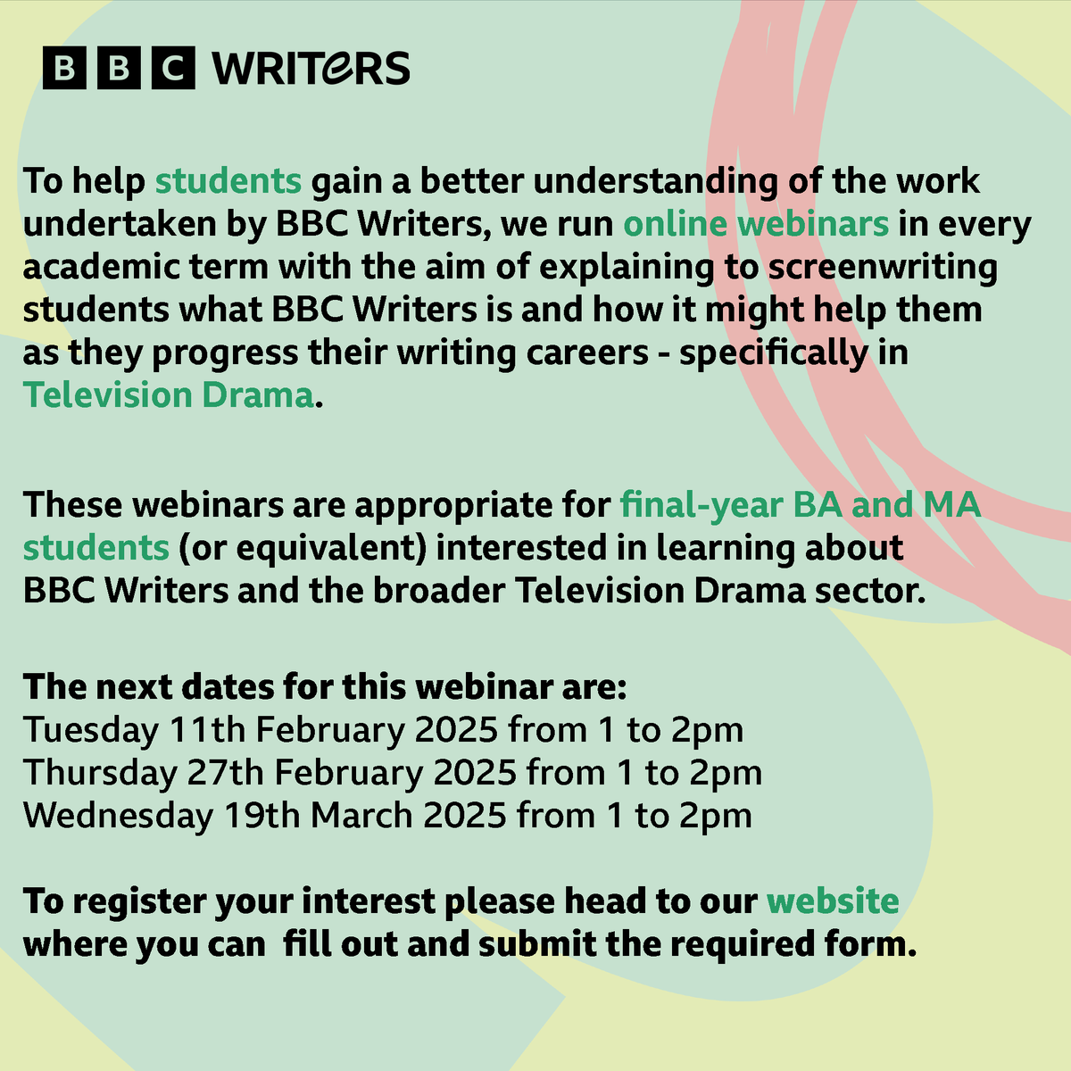 Are you a Screenwriting BA or MA student studying in the UK or Republic of Ireland? 

Join one of our online webinars during February or March to gain a better understanding of our work with new and emerging writers.

Get full details and register for a session over on our