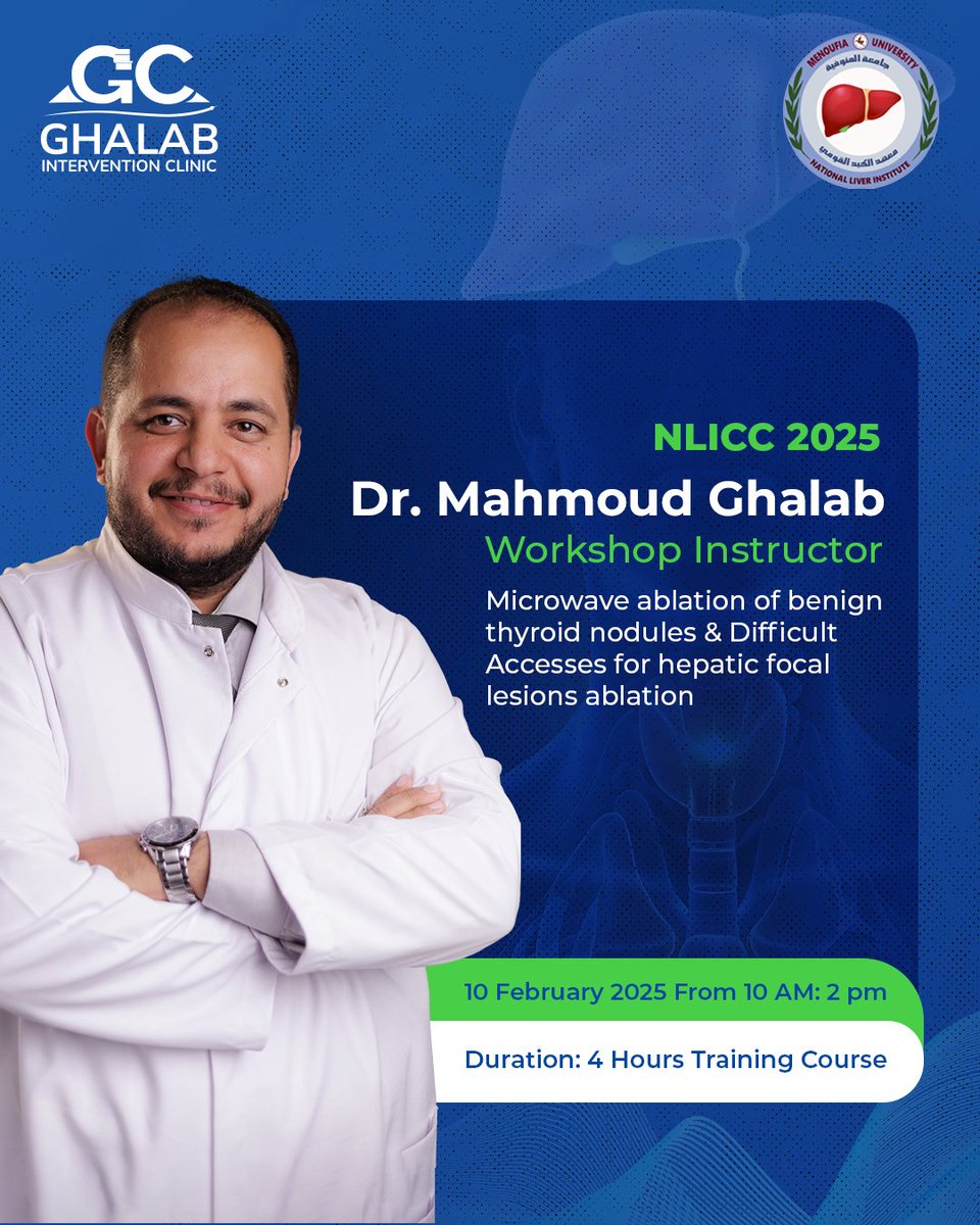د. محمود غلاب يشارك في ورشة عن التردد الحراري لعلاج الغدة الدرقية والكبد ضمن NLICC بمعهد الكبد بالمنوفية يوم 10 فبراير، لمناقشة أحدث التقنيات ودورها في تحسين العلاج.