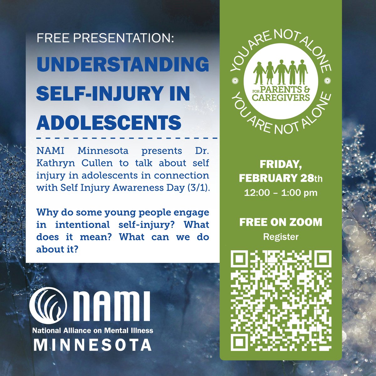 NAMI Minnesota (@namiminnesota) on Twitter photo Why do some young people engage in intentional self-injury? What does it mean? What can we do about it? Feb 28, 12:00 PM. Register on Zoom:
us02web.zoom.us/meeting/regist… Why do some young people engage in intentional self-injury? What does it mean? What can we do about it? Feb 28, 12:00 PM. Register on Zoom:
us02web.zoom.us/meeting/regist…
