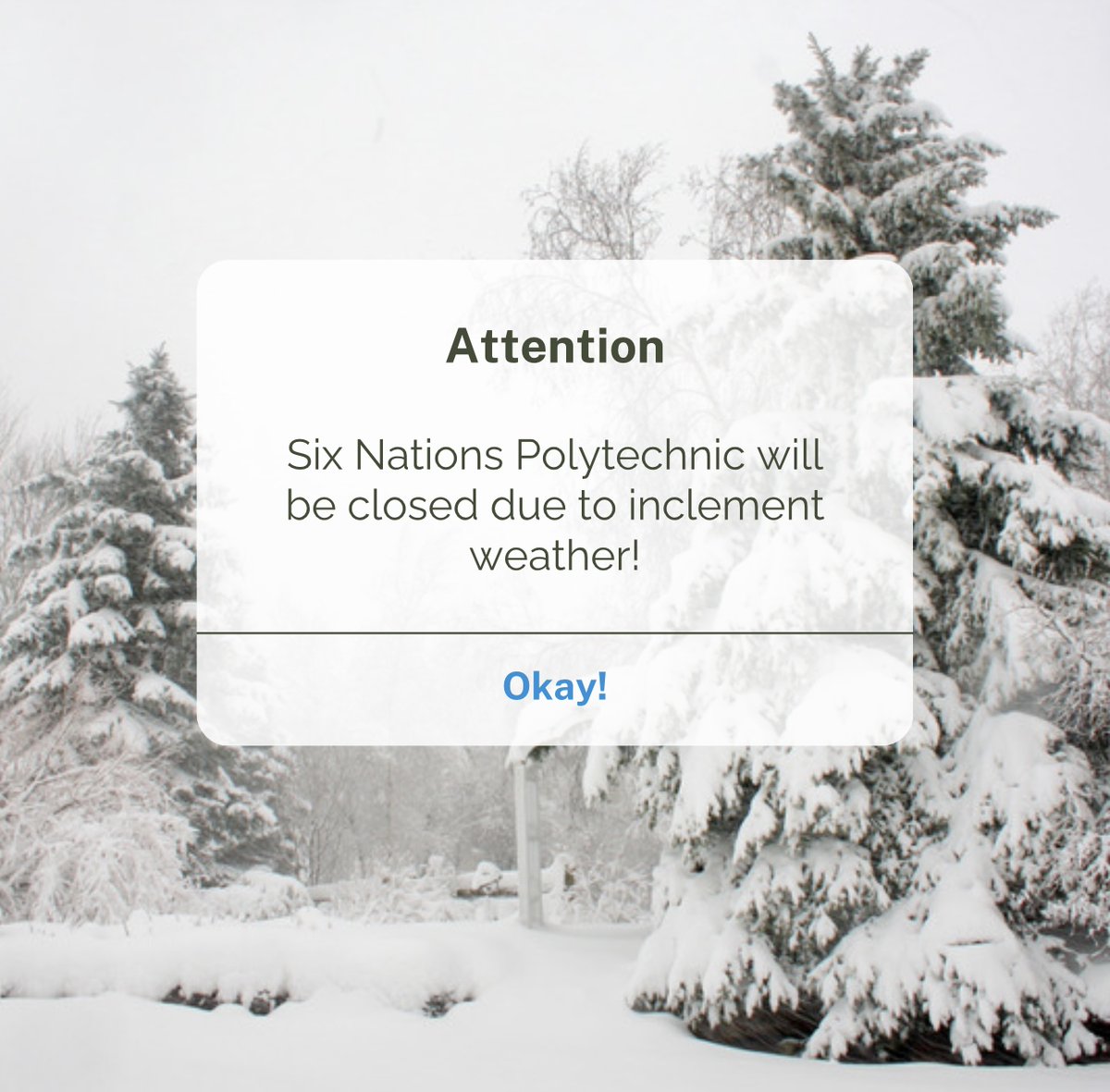 February 6th, 2025 - Six Nations Polytechnic's Six Nations and Brantford campuses will be closed today due to imclement weather. 

SNP STEAM Academy will not go to remote learning, please stay tuned to our social media for updates on further closures.