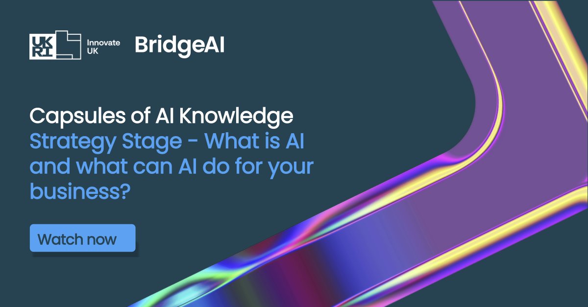 Innovate UK Business Connect (@iuk_connect) on Twitter photo 📢 Capsules of AI Knowledge: Strategy Stage
What is AI & how can it transform your business? Watch the first Capsule of AI Knowledge video with <a href="/turinginst/">The Alan Turing Institute</a> Saber Fallah.
Explore <a href="/innovateuk/">Innovate UK</a> #BridgeAI: ow.ly/Yxfr50UTT3m
Craft your AI strategy: ow.ly/21JP50UTSS8 📢 Capsules of AI Knowledge: Strategy Stage
What is AI & how can it transform your business? Watch the first Capsule of AI Knowledge video with <a href="/turinginst/">The Alan Turing Institute</a> Saber Fallah.
Explore <a href="/innovateuk/">Innovate UK</a> #BridgeAI: ow.ly/Yxfr50UTT3m
Craft your AI strategy: ow.ly/21JP50UTSS8