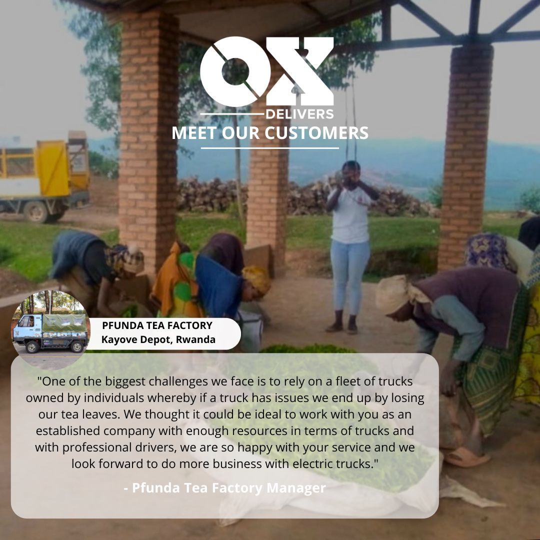Meet our customers 🚛⚡️🌍

At Ox Delivers, we’re proud to support local businesses like Pfunda Tea Factory in Rwanda, ensuring their supply chain runs smoothly at the Kayove Depot. Check out how we’ve made a difference! #OXDelivers #Rwanda #ElectricVehicles #Innovation