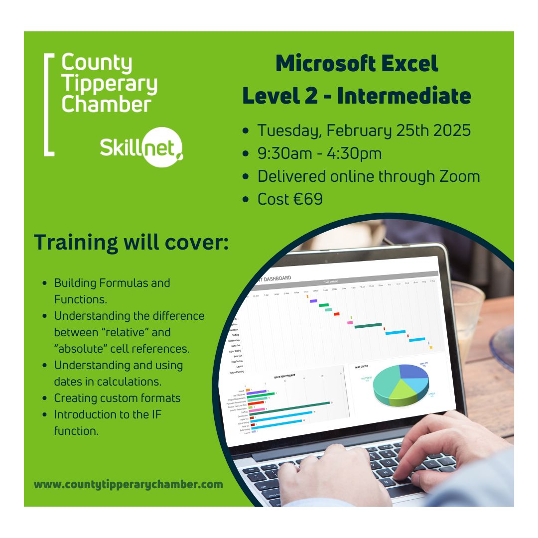 County Tipperary Chamber Skillnet (@cotippskillnet) on Twitter photo 📢Need Intermediate Excel Training? We have you covered. This course is specifically for those who already have some experience of Excel and know how to input data into a spreadsheet.
Book your place here: countytipperarychamber.com/skillnet-upcom…
#ThinkTalent #Excel #Skillnet <a href="/CTChamber/">County Tipperary Chamber</a> 📢Need Intermediate Excel Training? We have you covered. This course is specifically for those who already have some experience of Excel and know how to input data into a spreadsheet.
Book your place here: countytipperarychamber.com/skillnet-upcom…
#ThinkTalent #Excel #Skillnet <a href="/CTChamber/">County Tipperary Chamber</a>