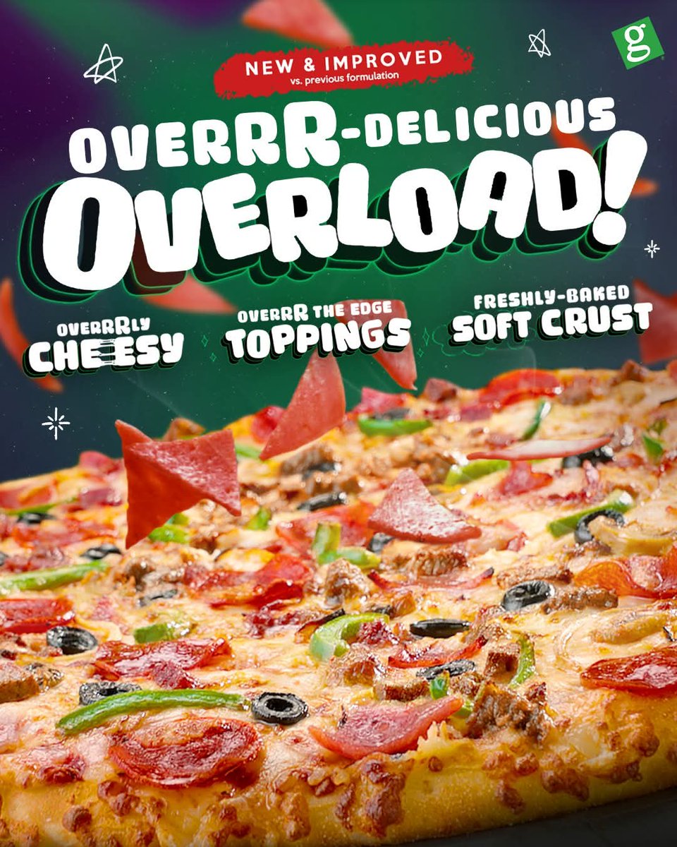 Overrr na ba ang craving mo? 🤤🍕 Maki-#SarapToFeelG na with the NEW Greenwich Overrr-delicious Overload Pizza. Overrr sa toppings, overrr sa Mozzarella cheese, all overrr our freshly-baked soft crust. 💚 Grab a dozen now!
