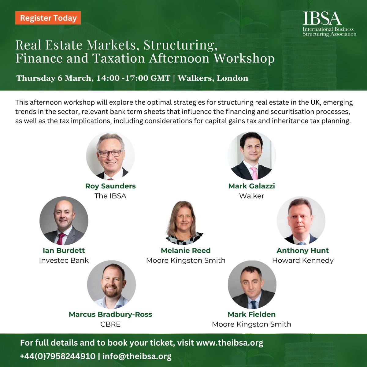 We are excited to share our lineup of speakers for the upcoming afternoon workshop on Real Estate Markets, Structuring, Finance and Taxation. Register here: t.ly/eMJ_j