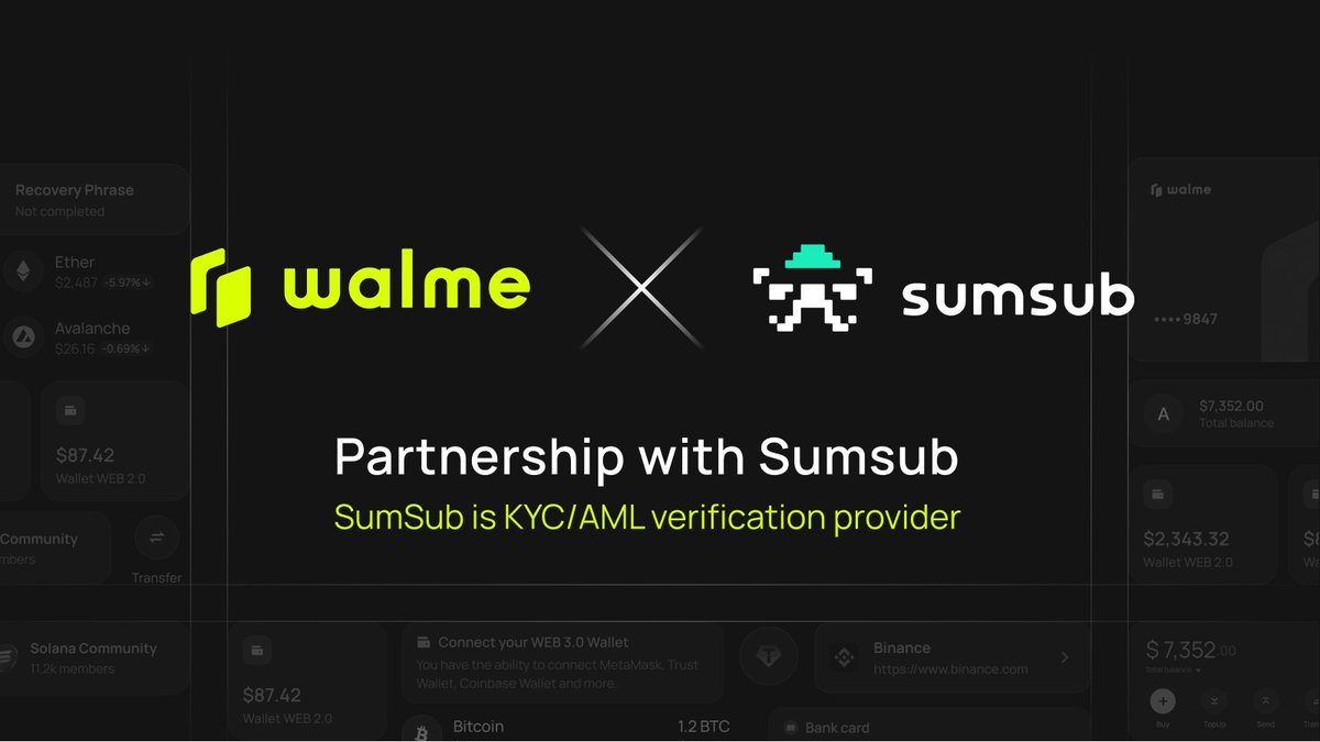 We’re partnering with <a href="/Sumsubcom/">Sumsub</a>  to make onboarding smoother and safer than ever! 🔐✅

Sumsub is a global leader in KYC, AML, and identity verification, trusted by top Web3 platforms to keep users safe while staying compliant.

With this partnership, Walme users can verify