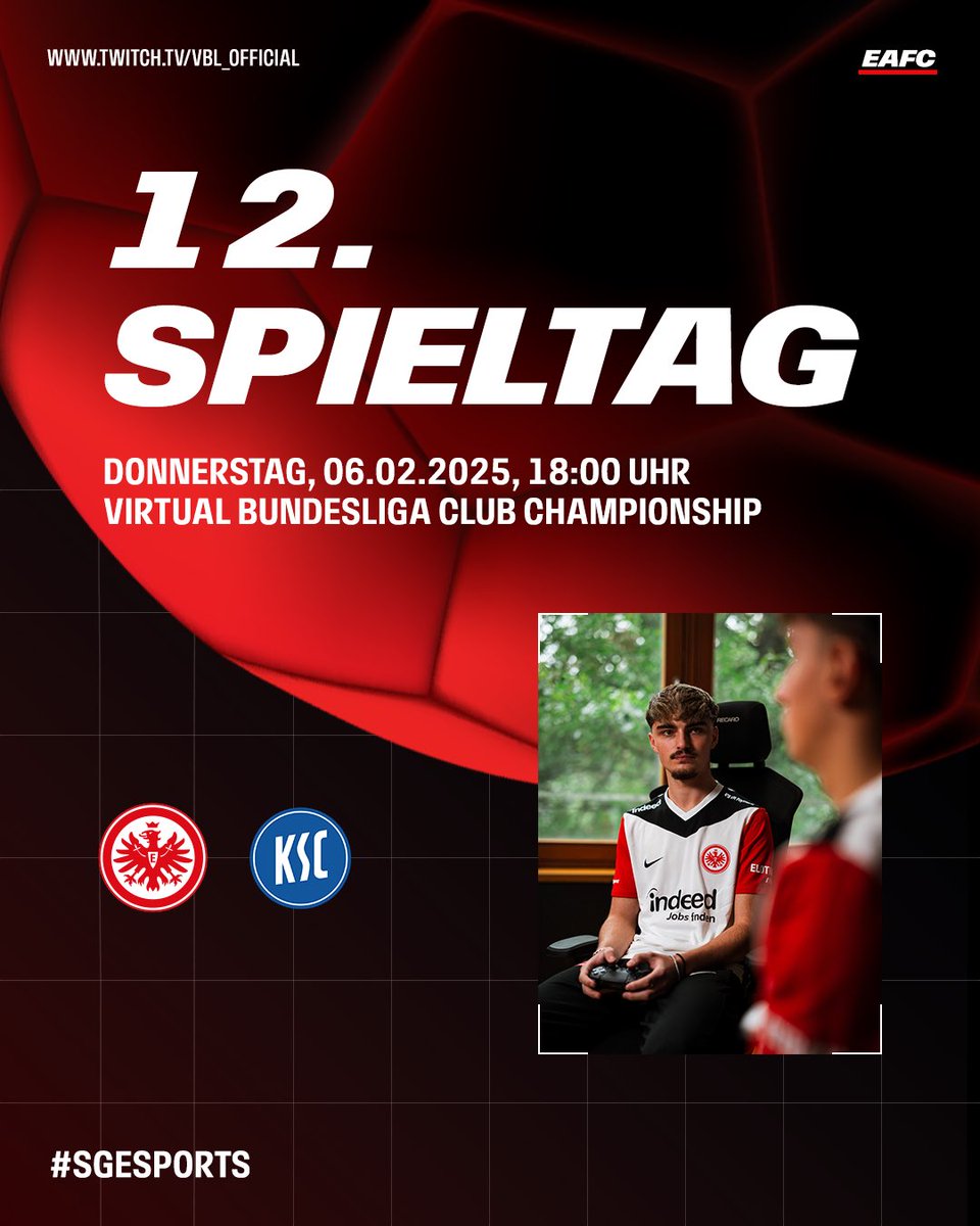 Der virtuelle Ball rollt wieder - es ist <a href="/vbl_official/">VBL | WOW VIRTUAL BUNDESLIGA</a> Spieltag. 📢

⏰ 18:00 Uhr
🆚 <a href="/PHIRONIX_eSport/">PHIRONIX eSports</a> 
📺 twitch.tv/vbl_official

#SGEsports | #SGE | #VBLCC