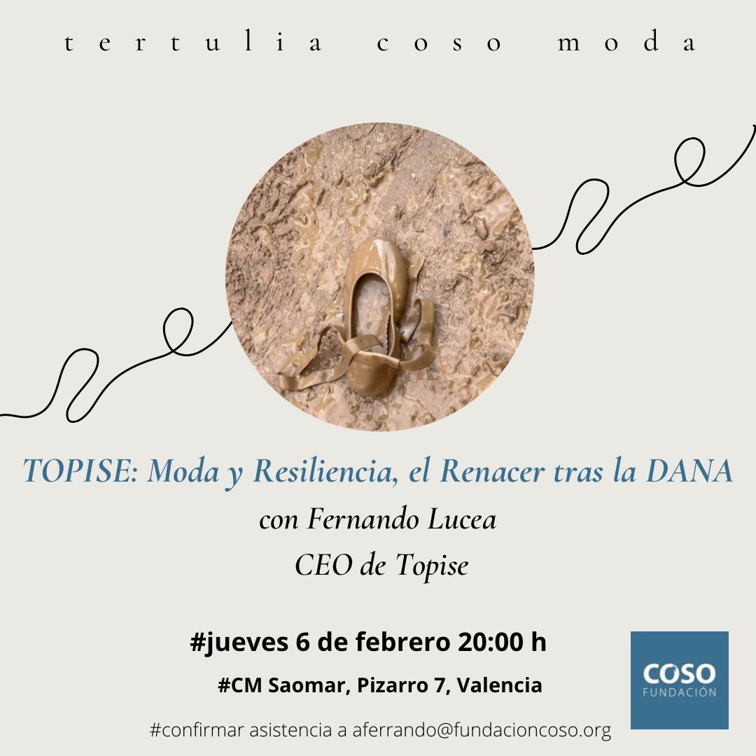 Esta tarde estaremos con TOPISE que nos hablará de su respuesta ante la DANA después de perderlo todo #DANA #MODAYRESILIENCIA    <a href="/FundCOSO/">Fundación COSO</a> <a href="/SaomarValencia/">Saomar Colegio Mayor</a>
