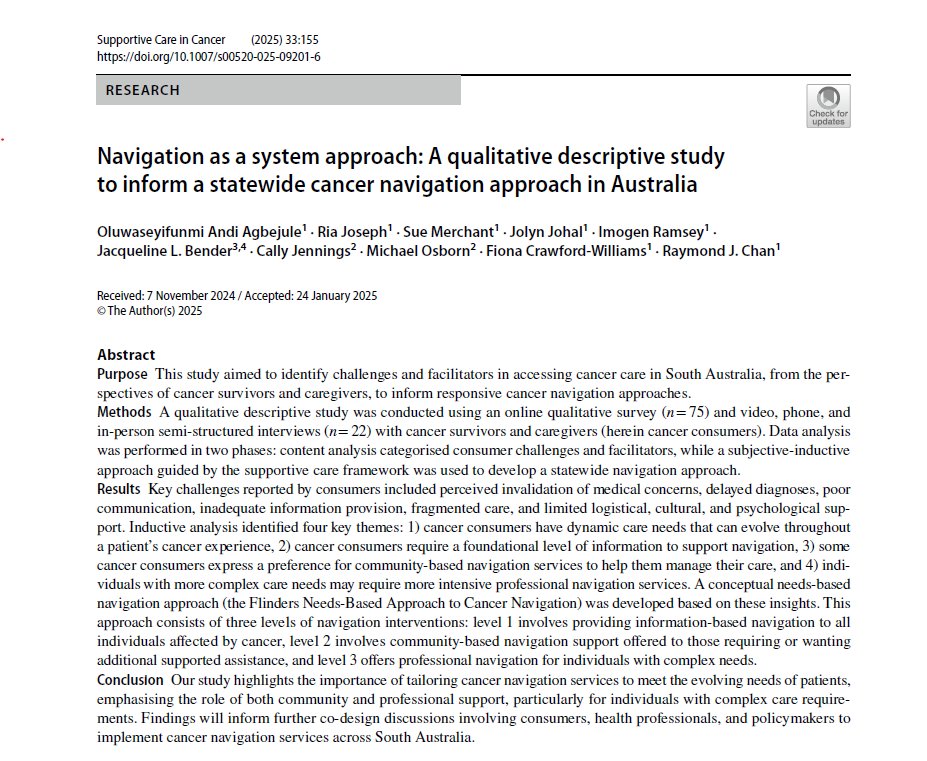 🎗 New research alert! We spoke with consumers in South Australia to uncover real-world challenges in accessing timely cancer care. Our study puts consumers at the center, offering a needs-based approach to guide navigation services. Next step: implementing solutions! See link👇