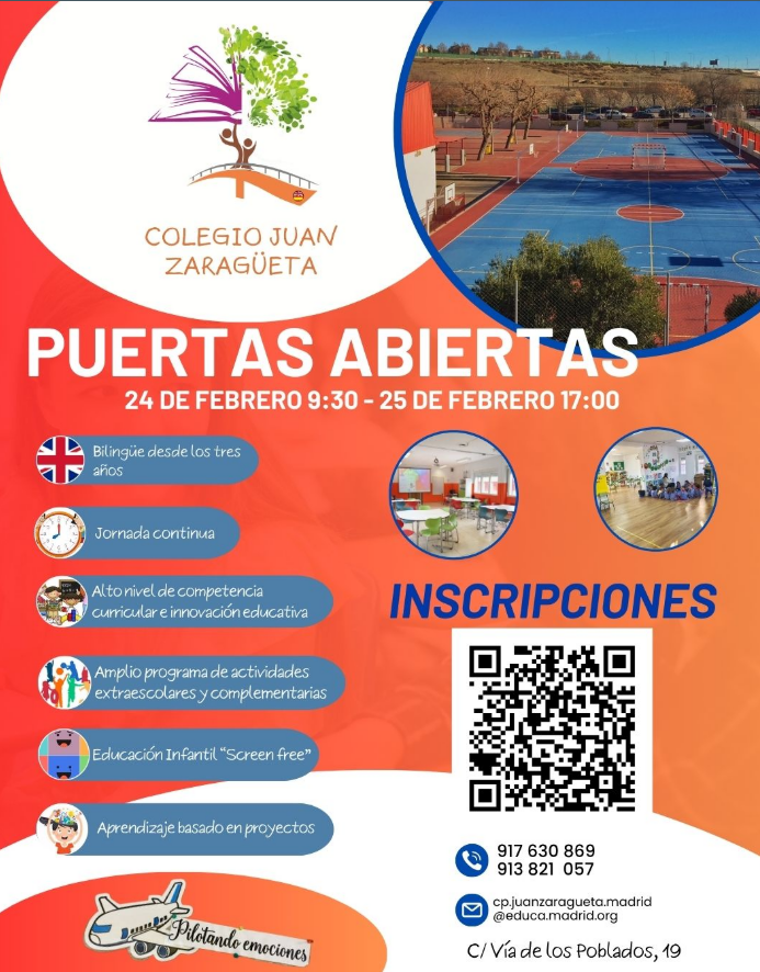 HilosValdebebas's tweet photo. Me piden que difunda esta jornada de puertas abiertas del @ceip_zaragueta colegio cercano a la zona de Las Cárcavas y del barrio. Próximo 24 y 25 de febrero. Apúntate aquí:
https://t.co/7Wun8hJQFS https://t.co/3gEQqV1P9D