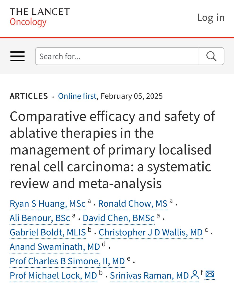 🆕A systematic review &amp; meta-analysis comparing SBRT, RFA, MWA, &amp; cryoablation for localized renal cell carcinoma (RCC). 

🔹 Local Control Rates:
✅ SBRT: 99% (1y), 97% (2y), 95% (5y)
✅ RFA: 96% (1y), 95% (2y), 92% (5y)
✅ MWA: 97% (1y), 95% (2y), 86% (5y)
✅ Cryoablation: 95%