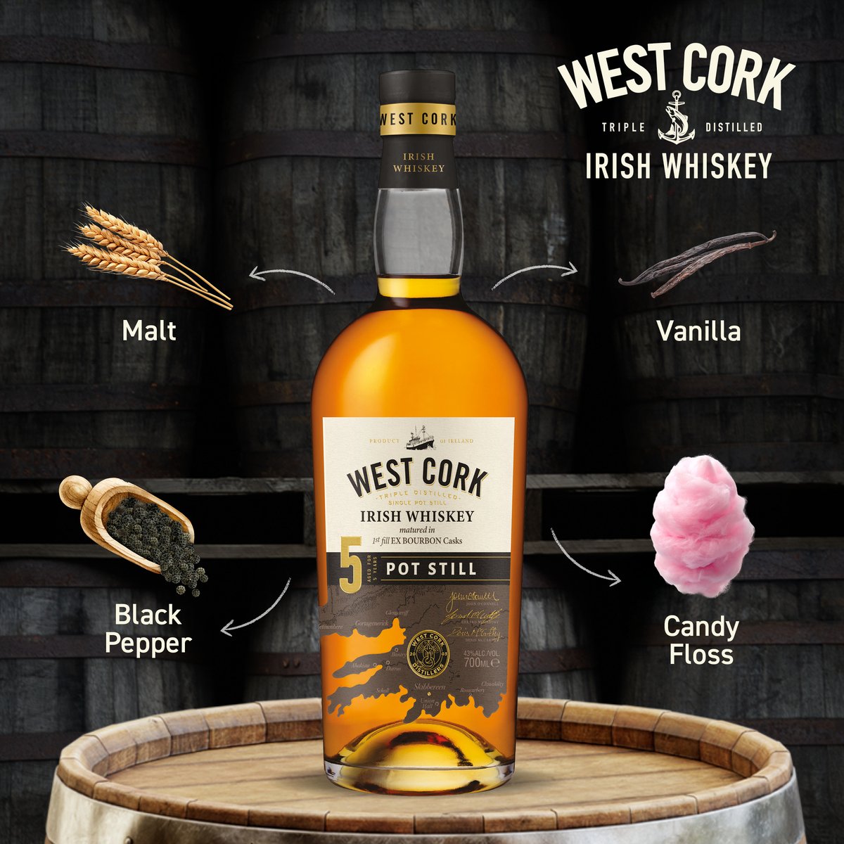 Shaped By Time: Our Award-Winning 5-Year-Old Pot Still Whiskey. Each sip reveals more flavour. To pick up a bottle of your own visit westcorkirishwhiskey.com/shop/ #westcorkwhiskey