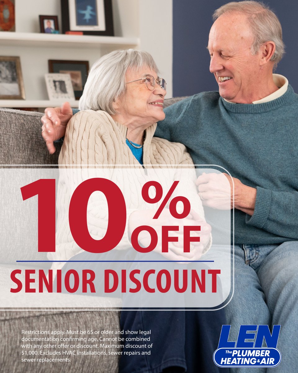 LenThePlumber's tweet photo. Seniors, it’s time to save! Enjoy this exclusive discount for top-notch services and give yourself some peace of mind at home. We are just a call away! https://t.co/khjUud4Kmu