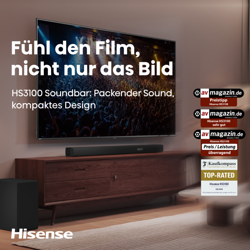 Kein guter Film ohne guten Sound!
Die #Hisense HS 3100 #Soundbar zieht dich mitten ins Geschehen deiner Lieblingsfilme. Die perfekte Ergänzung für jeden Hisense TV. 🎬 🔊✨ #qualität #premium #hochwertig #spitzenqualität